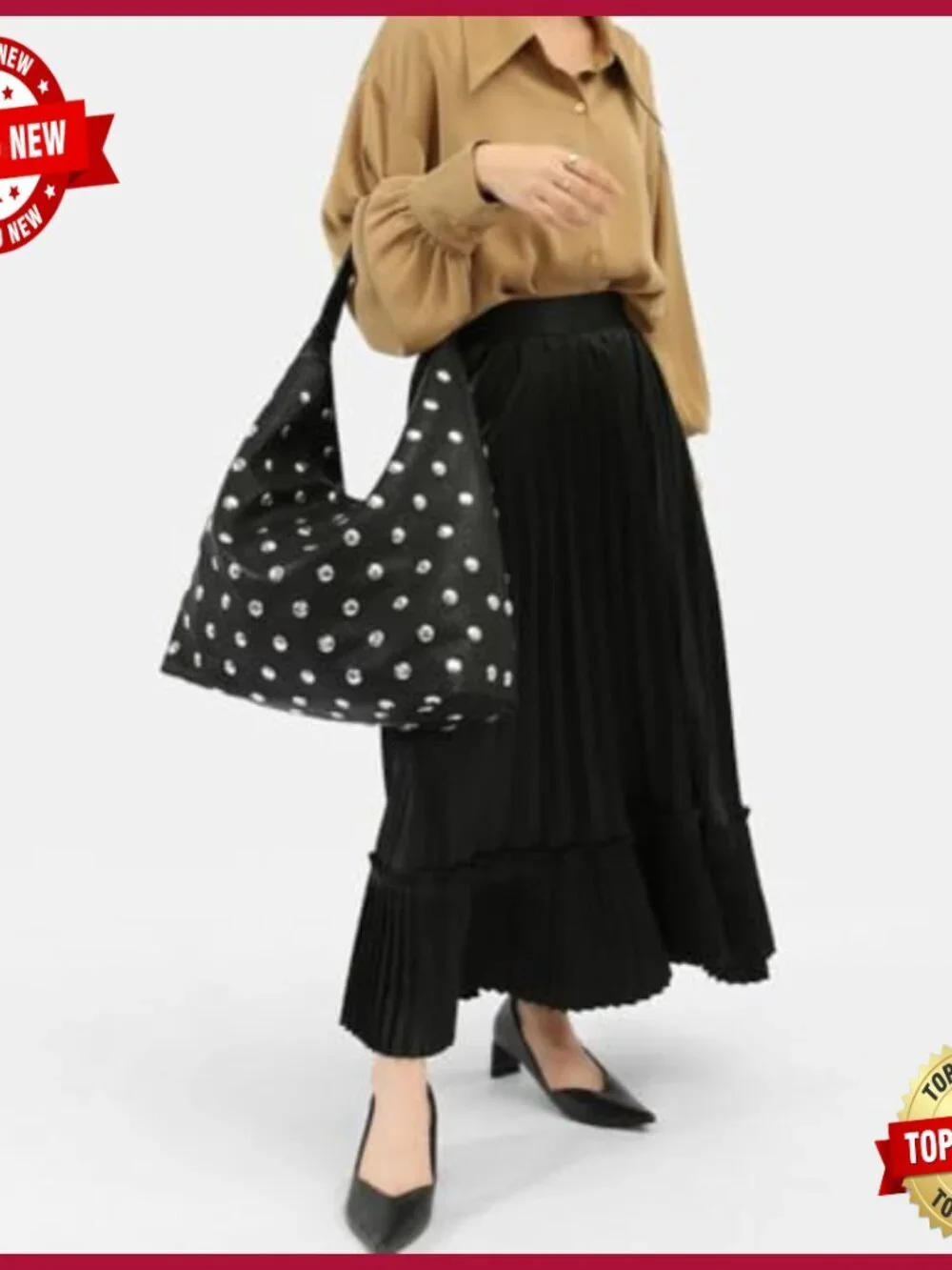 Large Vegan Leather Studded Hobo Bag with Faux Fur Lining